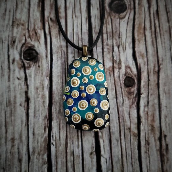 Hand Painted Dot Art Pendant. Ocean Blues Gold and White - Picture 8 of 8